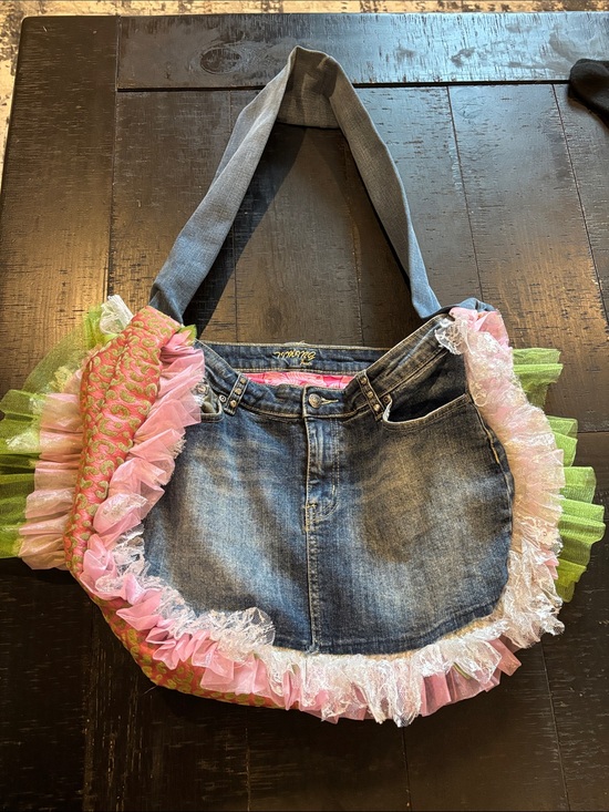 Source Unknown Handbags - Handcrafted One of a Kind Denim Tote Bag with Pink & Green Ruffle Trim Barbie